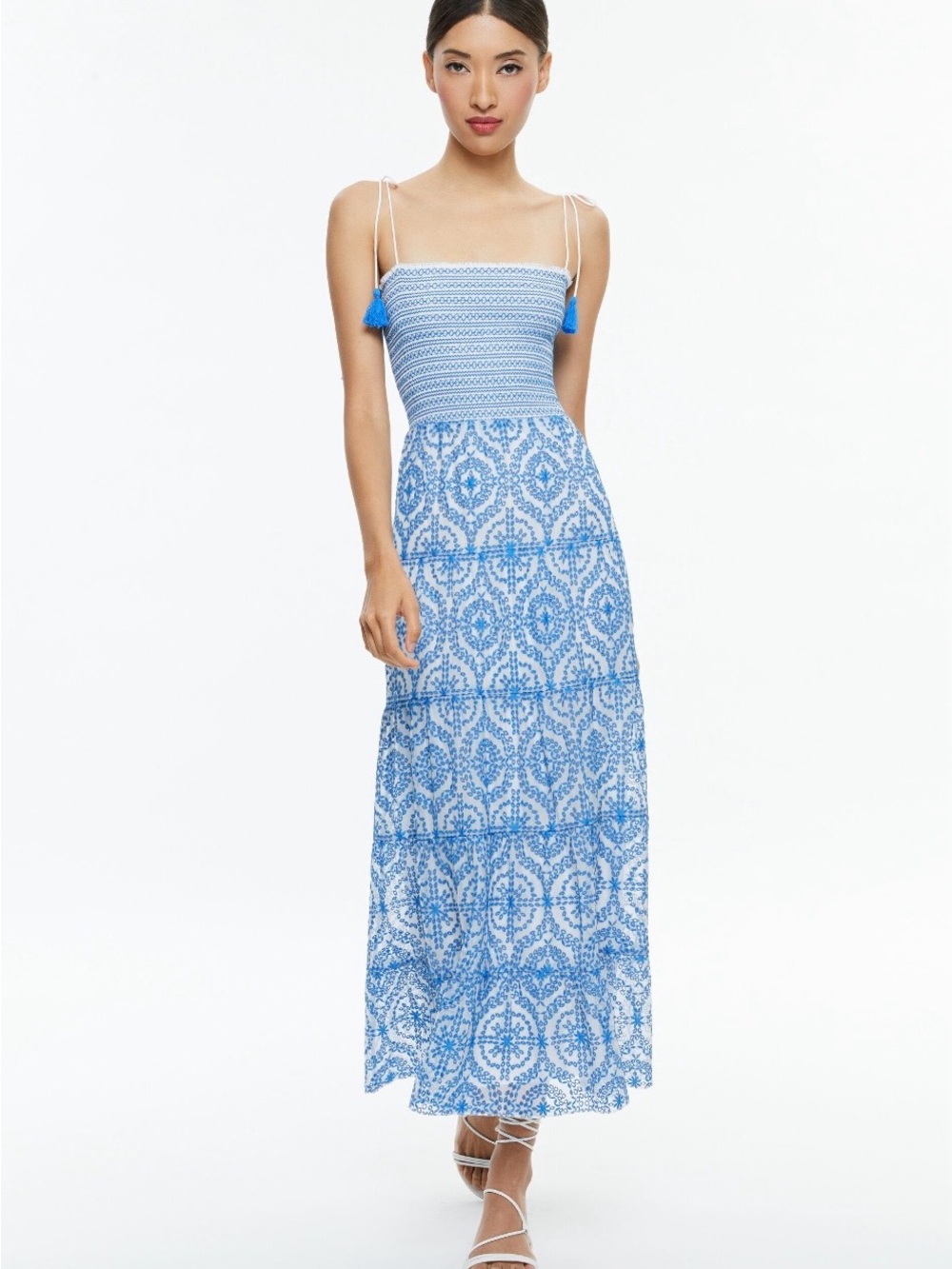 Alice + Olivia MARNA TIERED MIDI TIE STRAP DRESS size 2, EUC